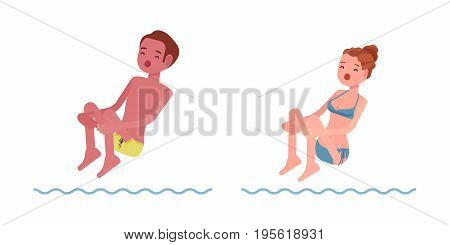 Male and female swimmer jumping into water, cannon ball, classic pool and sea swimming summer sport activity, lessons for safe fun. Vector flat style cartoon illustration, isolated, white background