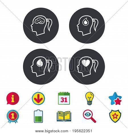 Head with brain icon. Female woman think symbols. Blood drop donation signs. Love heart. Calendar, Information and Download signs. Stars, Award and Book icons. Light bulb, Shield and Search. Vector