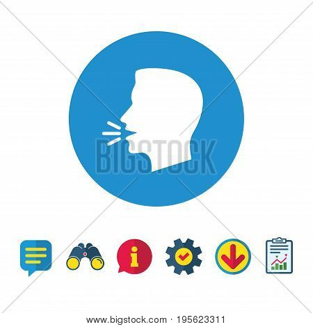 Talk or speak icon. Loud noise symbol. Human talking sign. Information, Report and Speech bubble signs. Binoculars, Service and Download icons. Vector
