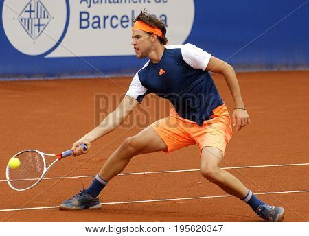 BARCELONA, SPAIN - APRIL, 27:  Austrian tennis player Dominic Thiem in action during a match of Barcelona tennis tournament Conde de Godo on April 27, 2017 in Barcelona Spain