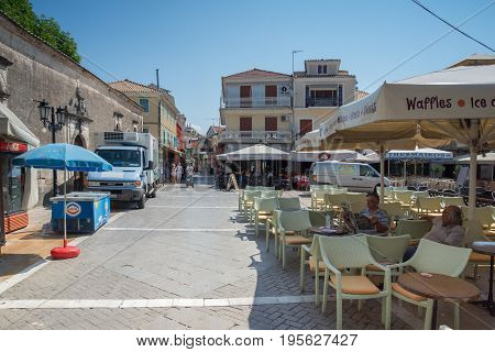 LEFKADA TOWN, GREECE - JULY 17, 2014: Panoramic view of street in  Lefkada town, Ionian Islands, Greece