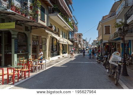 LEFKADA TOWN, GREECE - JULY 17, 2014: Panoramic view of street in  Lefkada town, Ionian Islands, Greece