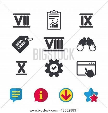 Roman numeral icons. 7, 8, 9 and 10 digit characters. Ancient Rome numeric system. Browser window, Report and Service signs. Binoculars, Information and Download icons. Stars and Chat. Vector