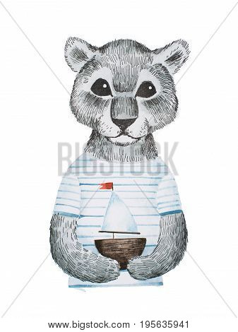 Full-face portrait of cute panther baby wearing striped t-shirt holding a toy ship hand-drawn with pencil and watercolors.
