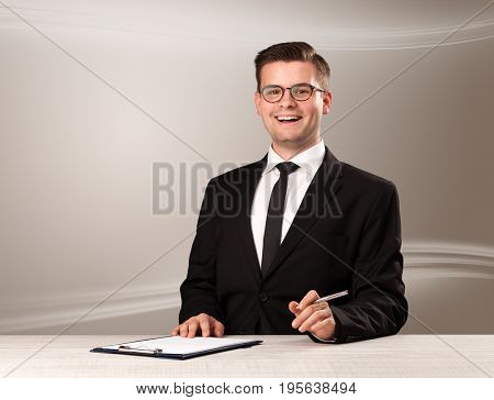 Televison presenter host in live show with blank background