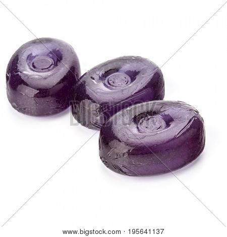 Three colorful fruit hard sugar candies,  boiled sweeties or sugar plums isolated on white background cutout