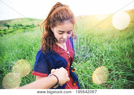 Asian women travel sleep relax. Morning atmosphere nature ForestsHill tribe. khaoko Thailand