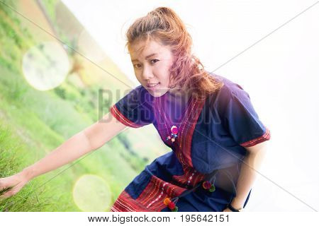 Asian women travel sleep relax. Morning atmosphere nature ForestsHill tribe. khaoko Thailand