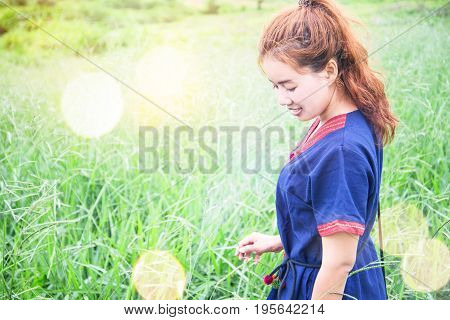 Asian women travel sleep relax. Morning atmosphere nature ForestsHill tribe. khaoko Thailand