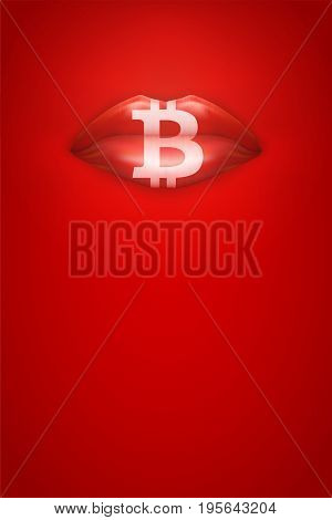 Advertisement horizontal Poster of Female lips on Red Background with bitcoin symbol. Idea of Blockchain and cryptocurrency. Vector Illustration.