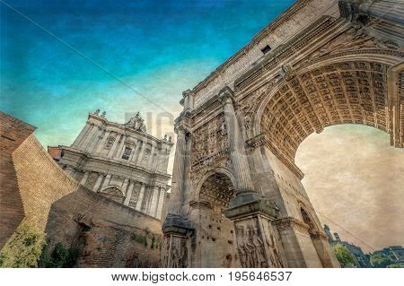 Old photo with Arch of Septimius Severus and church of Santi Luca e Martina at the Roman Forum. Rome Italy. Vintage processing.