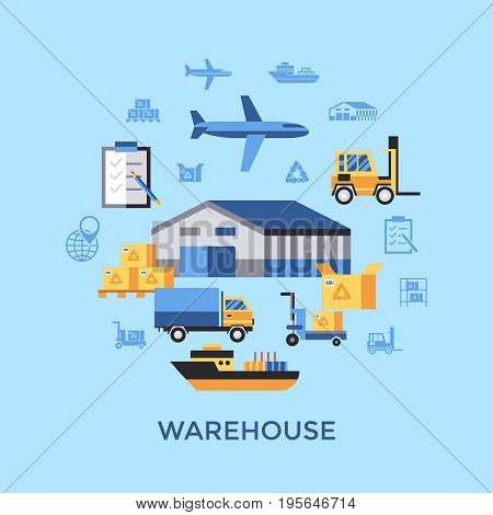 Digital vector yellow blue warehouse icons with drawn simple line art info graphic, presentation with transport, globe and storage depositing logistic elements around promo template, flat style