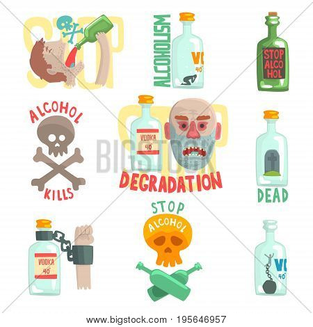 Dangers and risk from alcohol set, alcoholism vector Illustrations isolated on white background