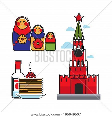 Russia or Soviet Union symbols of travel or tourist attraction. Vector icons of Russian traditional vodka and pancake food, Kremlin USSR architecture and Matryoshka doll