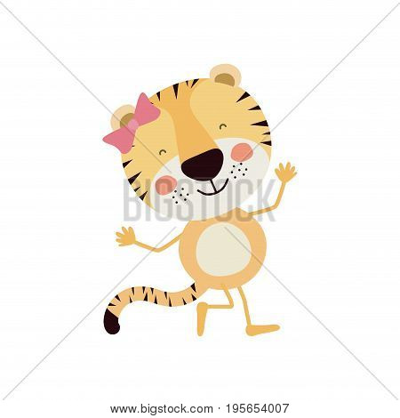 colorful caricature of cute expression female tigress in dance pose with bow lace vector illustration