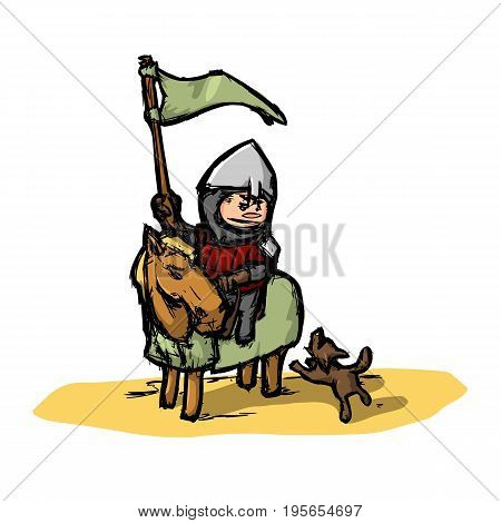 Cartoon medieval knight on horseback where a yard dog barks