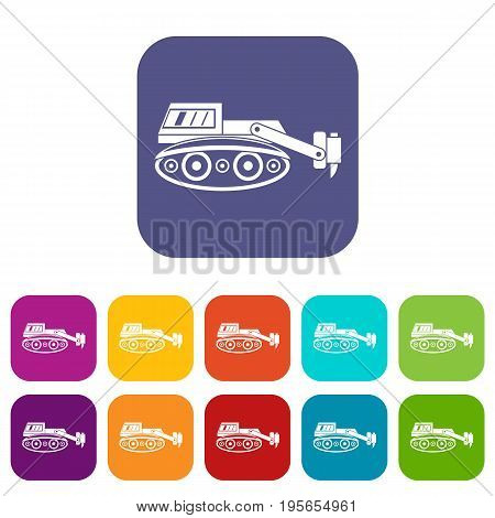 Excavator with hydraulic hammer icons set vector illustration in flat style In colors red, blue, green and other