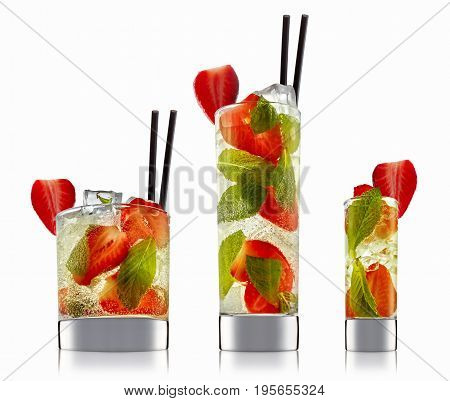 fresh fruit alcohol cocktail or mocktail in classic glass with ice, strawberry and mint isolated on white background