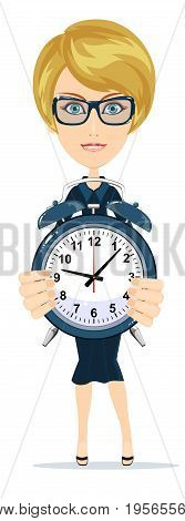 Time management. woman with alarm clock. Young businessman in business concept isolated on white. Stock flat vector illustration.