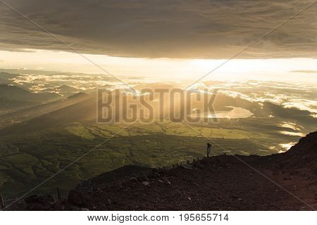 Beautiful sunrise on top of the Mount Fuji Japan and lake yamanakako view.