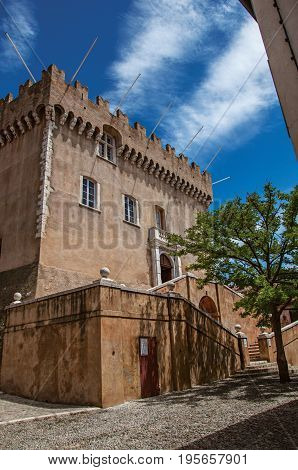 View of alley with trees and facade of the Grimaldi Castle in Haut-de-Cagnes, a pleasant village on top of a hill, near Nice. In the Alpes-Maritimes department, Provence region, southeastern France
