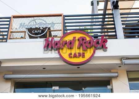 CYPRUS - FEBRUARY 19: Sign of Hard Rock Cafe in Ayia Napa. February 19, 2017.