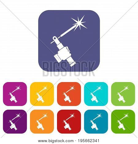 Mig welding torch in hand icons set vector illustration in flat style In colors red, blue, green and other