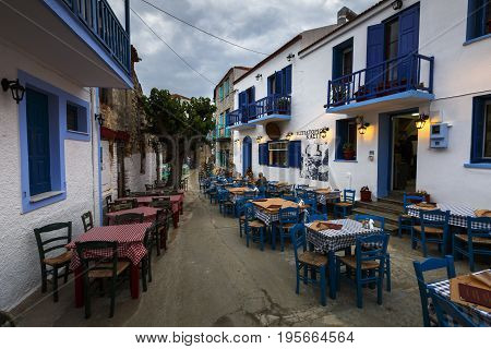 ALONISSOS, GREECE - JUNE 17, 2017: View of the Chora village on Alonissos island in Sporades archipelago in Greece on June 17, 2017.