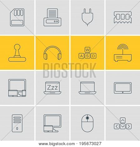 Vector Illustration Of 16 Notebook Icons. Editable Pack Of Printer, Laptop, Gadgets And Other Elements.