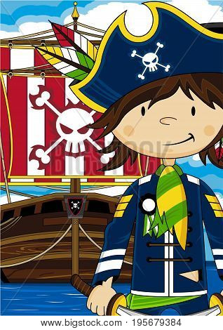 Cute Cartoon Pirate Captain with Pirates Ship