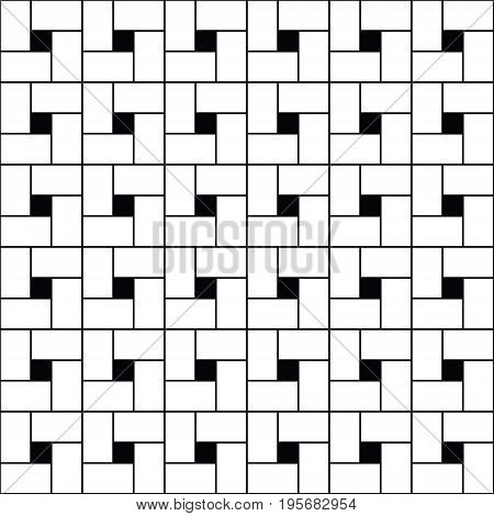Pythagorean tiling. Squares tessellation vector. Repeated white checks sequence on black background. Surface pattern design with polygons. Mosaic motif. Grid wallpaper.