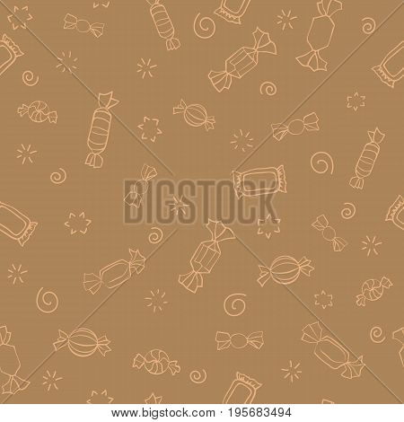 Seamless pattern of candy. Vector sweets background. Candy day. A light outline on a brown background. Seamless pattern with outline icons on a theme candy and sweets. Retro pattern.