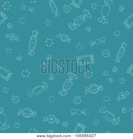 Seamless pattern of candy. Vector sweets background. Candy day. A light outline on a cartoon blue background. Seamless pattern with outline icons on a theme candy and sweets.