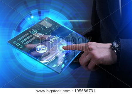 Business, Technology, Internet And Network Concept. Young Businessman Working On A Virtual Screen Of
