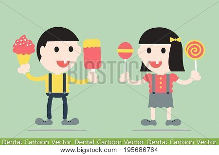 dental cartoon vector - boy and girl are decayed tooth by sweets and ice cream