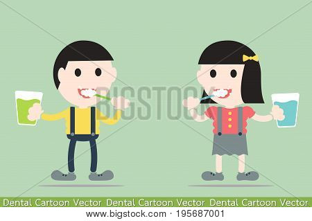 dental cartoon vector - boy and girl are brush the teeth