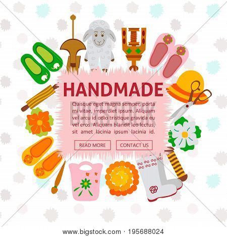Banner handmade with felted goods. Vector illustration of wares from wool.