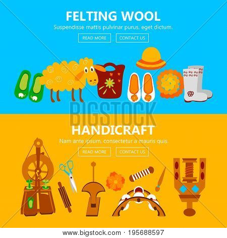 Handmade banners with instruments for felting. Vector illustration of objects for handicraft.
