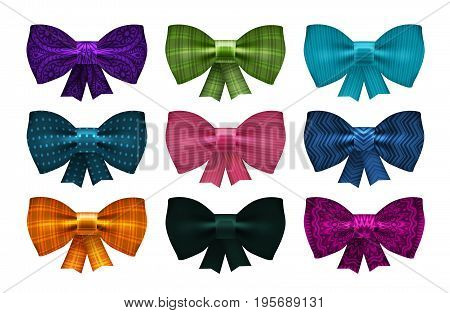 Set of satin bows. Bowknot, ribbon for decoration gift box. Vector illustration isolated on white background