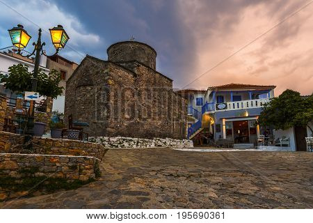 ALONISSOS, GREECE - JUNE 17, 2017: View of the Chora village on Alonissos island in Sporades archipelago in Greece on June 17, 2017.