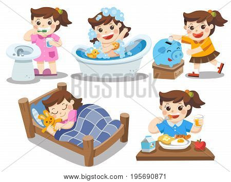 The daily routine of a cute girl on a white background. [sleep, brush teeth, take a bath, eat, saving money]. Isolated vector