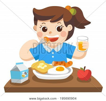 A Little girl happy to eat breakfast in the morning. Isolated vector