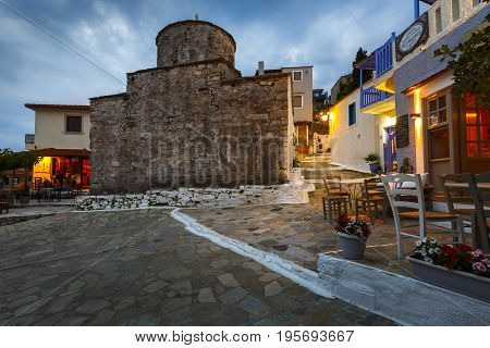 ALONISSOS, GREECE - JUNE 17, 2017: View of the Chora village on Alonissos island in Sporades archipelago in Greece on June 17, 2017.