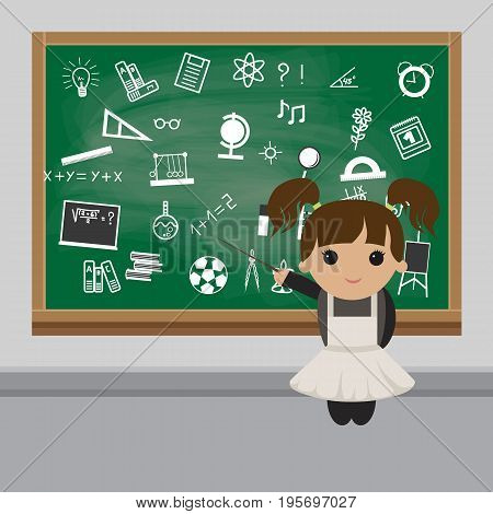Schoolgirl in a classroom near the school board. Schoolgirl in school uniform