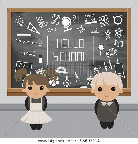 Schoolboy and Schoolgirl in a classroom near the school board