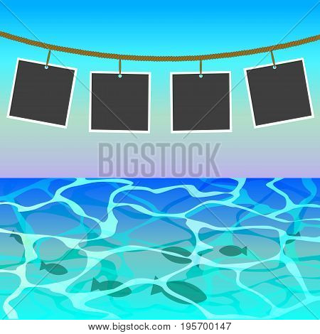 Vector holidays design. Sea view from the beach. Memories about holiday. Photos on sky background