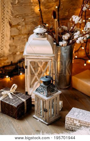 White Latern And Candles On The Floor