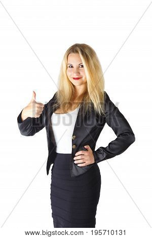 business woman with a raised finger on white background