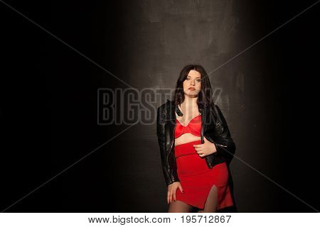 fat woman in red underwear in black room 1