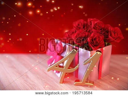 birthday concept with red roses in the gift on wooden desk. 3D render - forty-first birthday. 41st